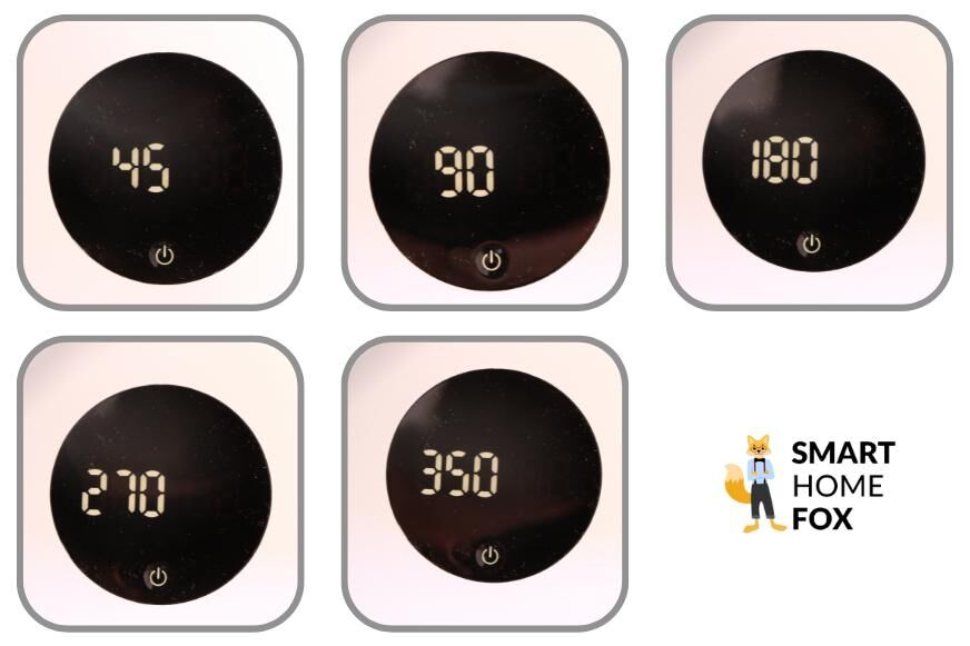 Verschiedene Rotationswinkel der Ventilatorfunktion des Philips Air Performer Series 8000 (AMF870/15) werden auf dem Display dargestellt. 